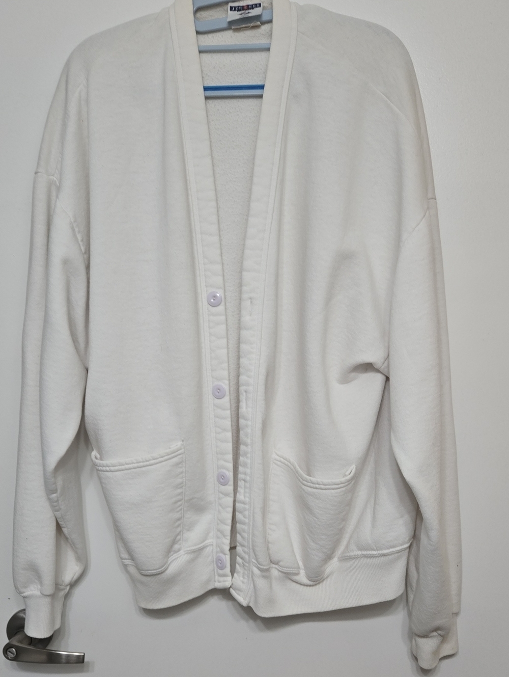 Jerzees White Button-Up Pocket Cardigan Jacket